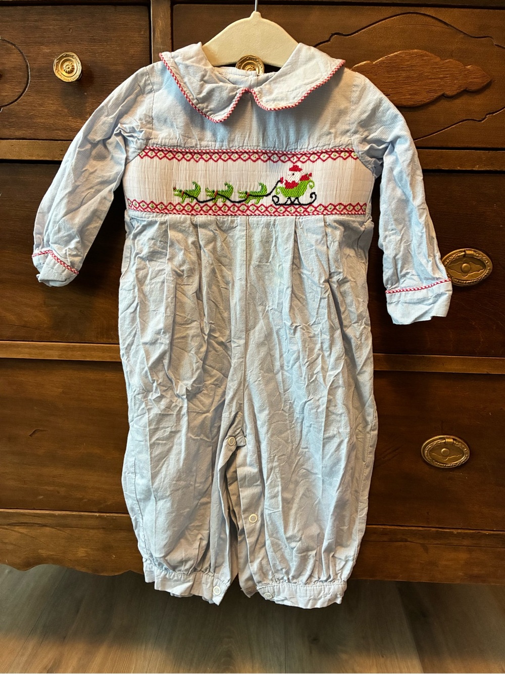 Light Blue Smocked Kids Romper with Festive Sleigh Embroidery